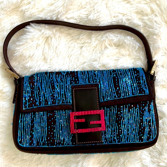 Fendi Handbags - FENDI Brown Blue Beaded Pink Crocadile Baguette